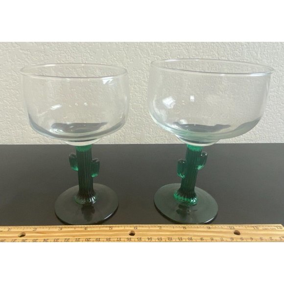 Cactus Stem Margarita Glasses Green 6" Tall Set of 2 Libbey Cocktail Glasses - Picture 3 of 5